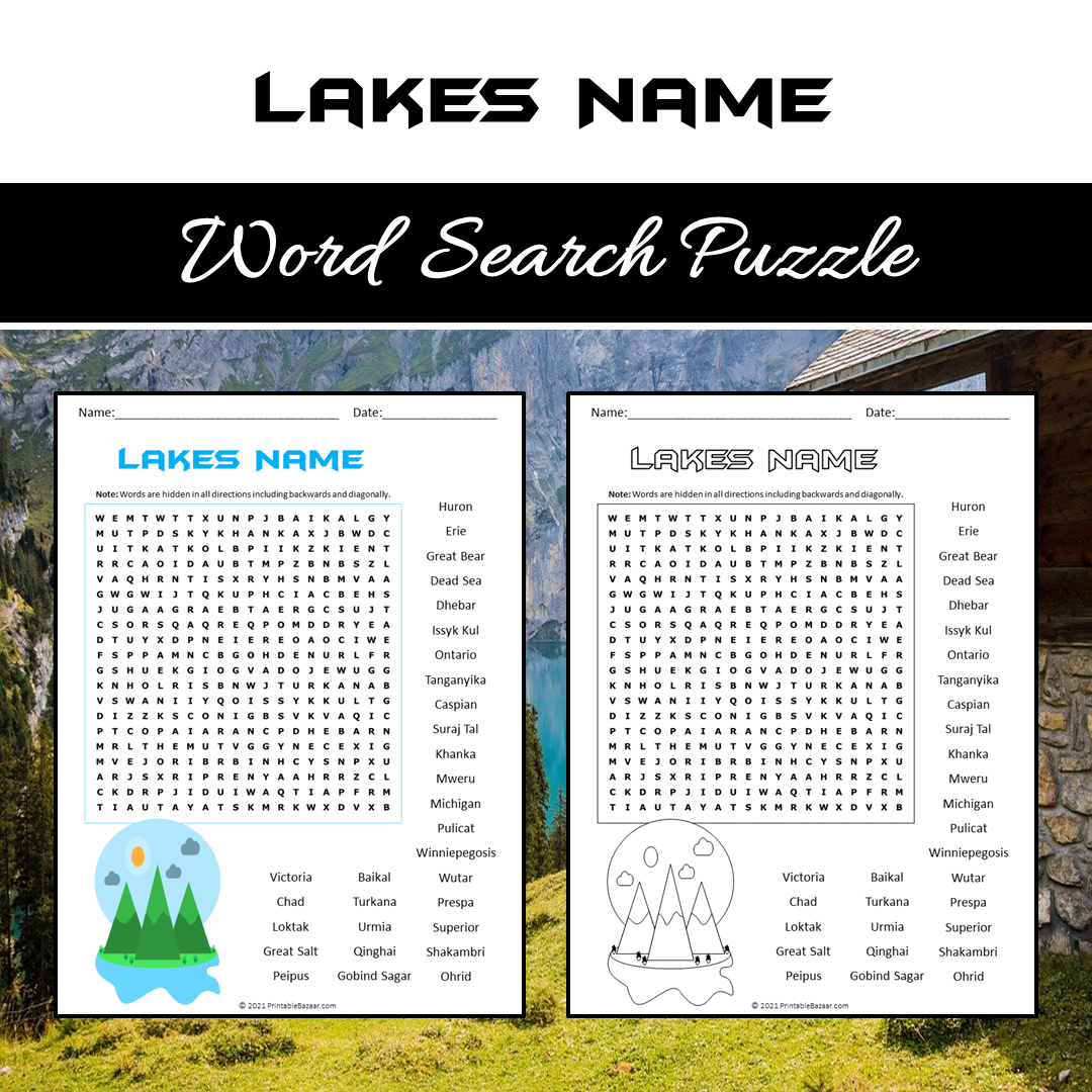 Lakes Name Word Search Puzzle Worksheet PDF