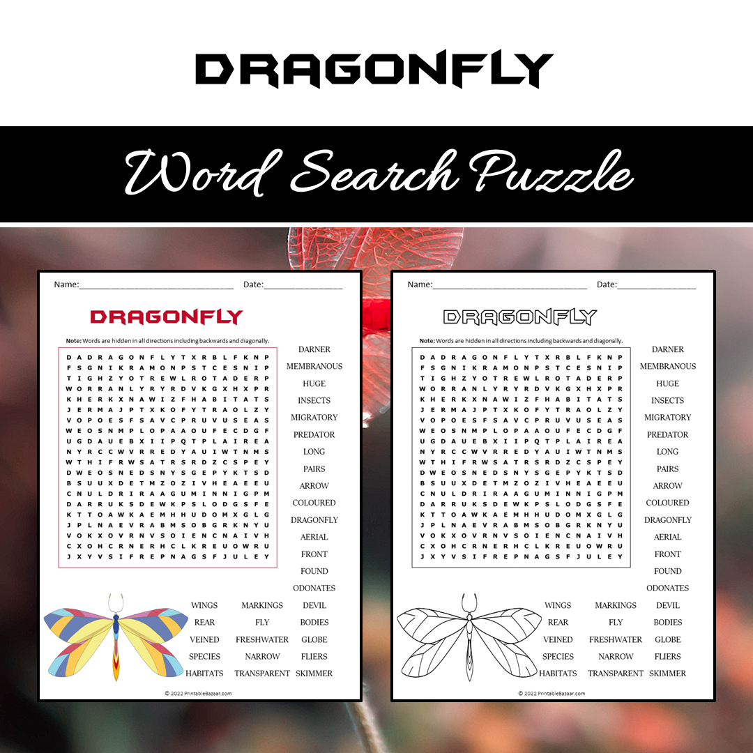 Dragonfly Word Search Puzzle Worksheet PDF