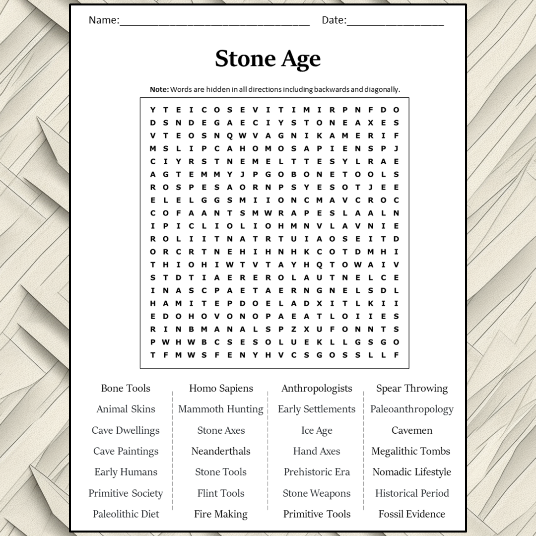 Stone Age Word Search Puzzle Worksheet Activity PDF