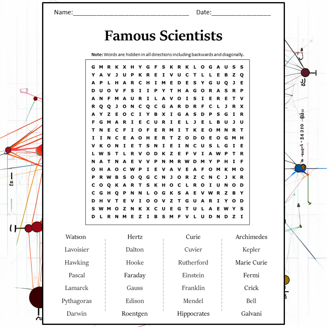 Famous Scientists Word Search Puzzle Worksheet Activity PDF