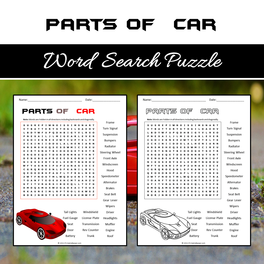 Parts Of Car Word Search Puzzle Worksheet PDF