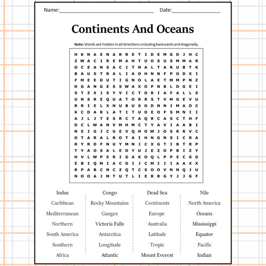 Continents And Oceans Word Search Puzzle Worksheet Activity PDF