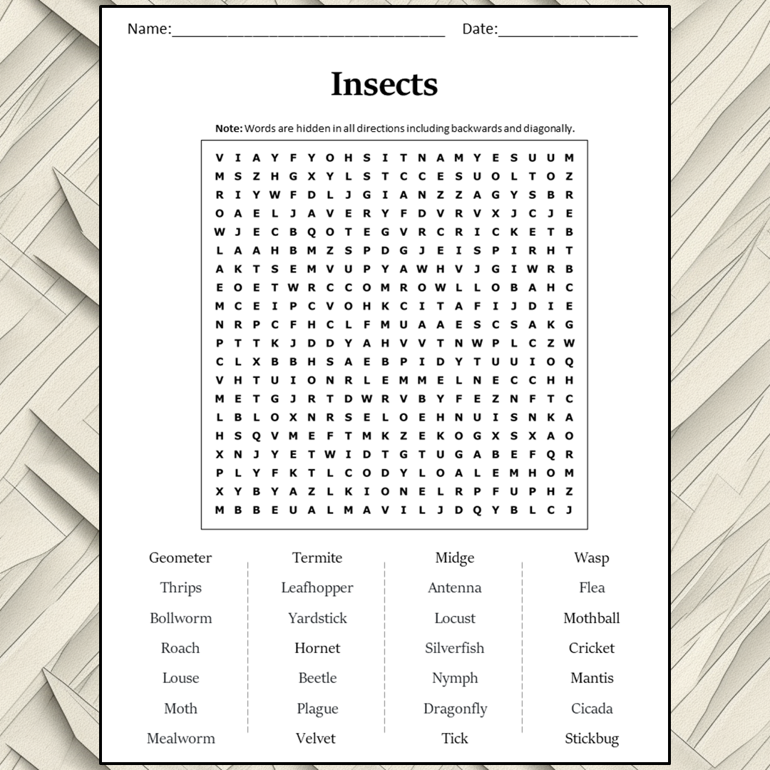 Insects Word Search Puzzle Worksheet Activity PDF – PrintableBazaar