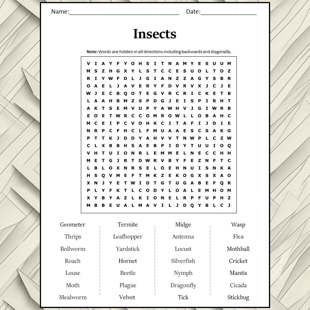 Insects Word Search Puzzle Worksheet Activity PDF