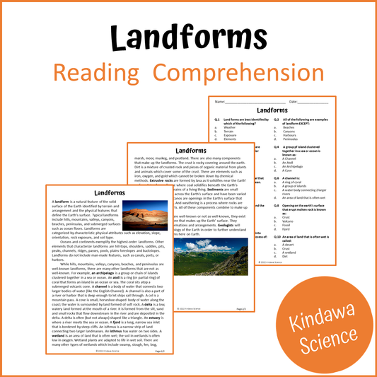 Landforms Reading Comprehension Passage and Questions | Printable PDF