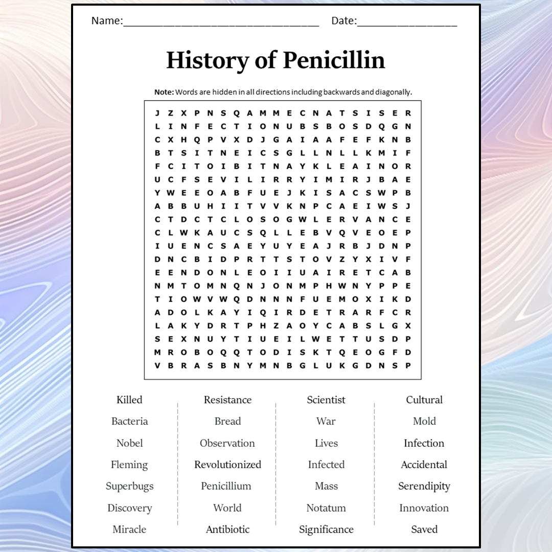 History Of Penicillin Word Search Puzzle Worksheet Activity PDF