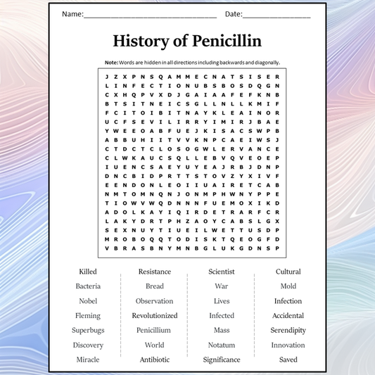 History Of Penicillin Word Search Puzzle Worksheet Activity PDF