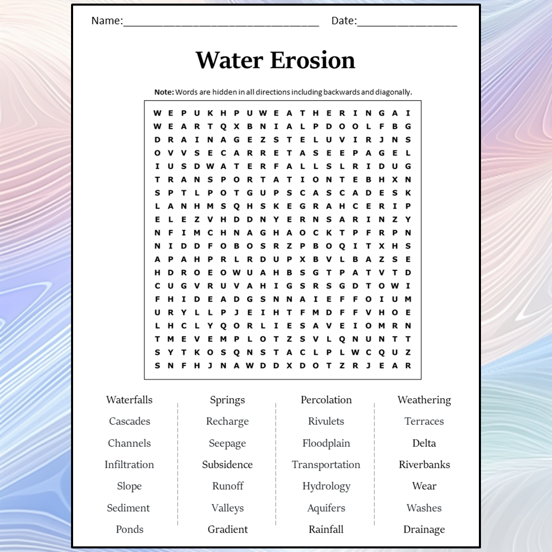 Water Erosion Word Search Puzzle Worksheet Activity PDF