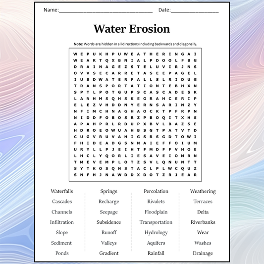 Water Erosion Word Search Puzzle Worksheet Activity PDF