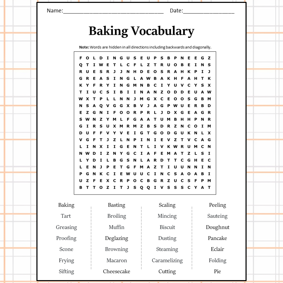 Baking Vocabulary Word Search Puzzle Worksheet Activity PDF