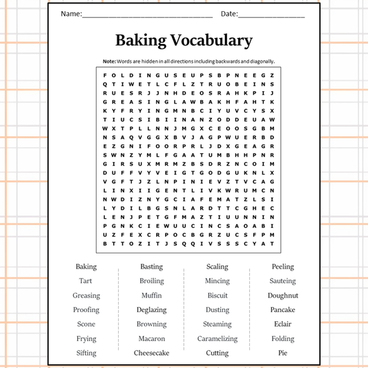 Baking Vocabulary Word Search Puzzle Worksheet Activity PDF