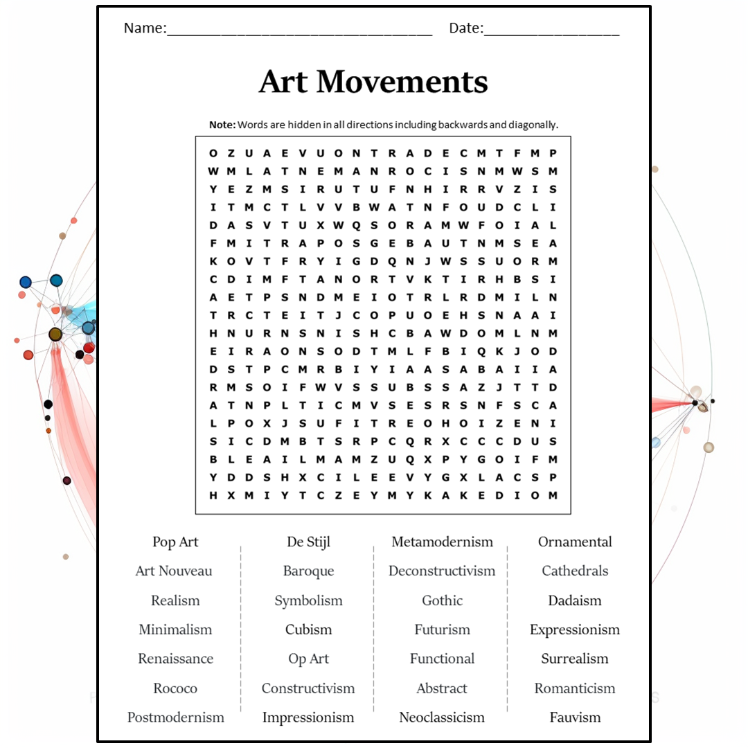 Art Movements Word Search Puzzle Worksheet Activity PDF