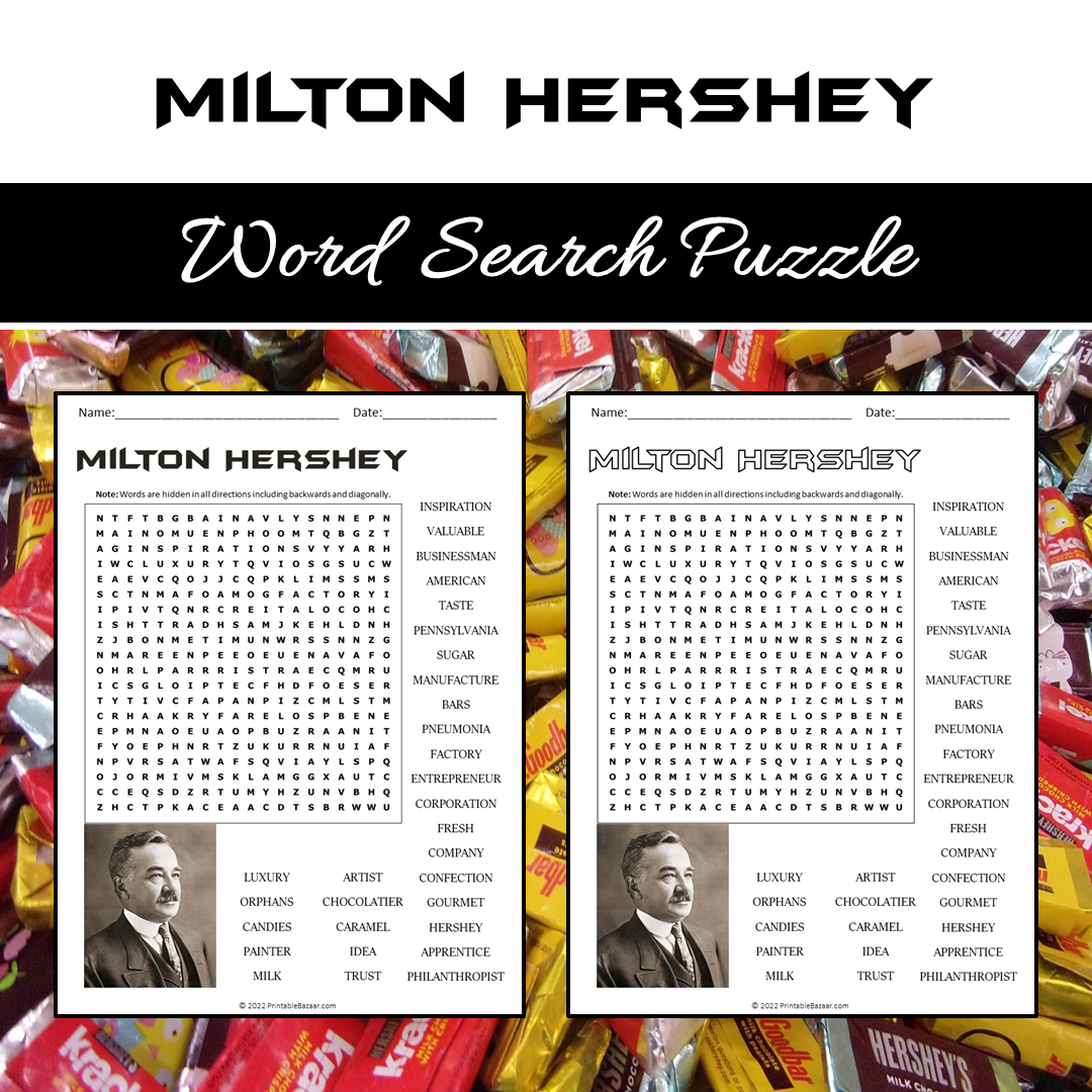 Milton Hershey Word Search Puzzle Worksheet PDF