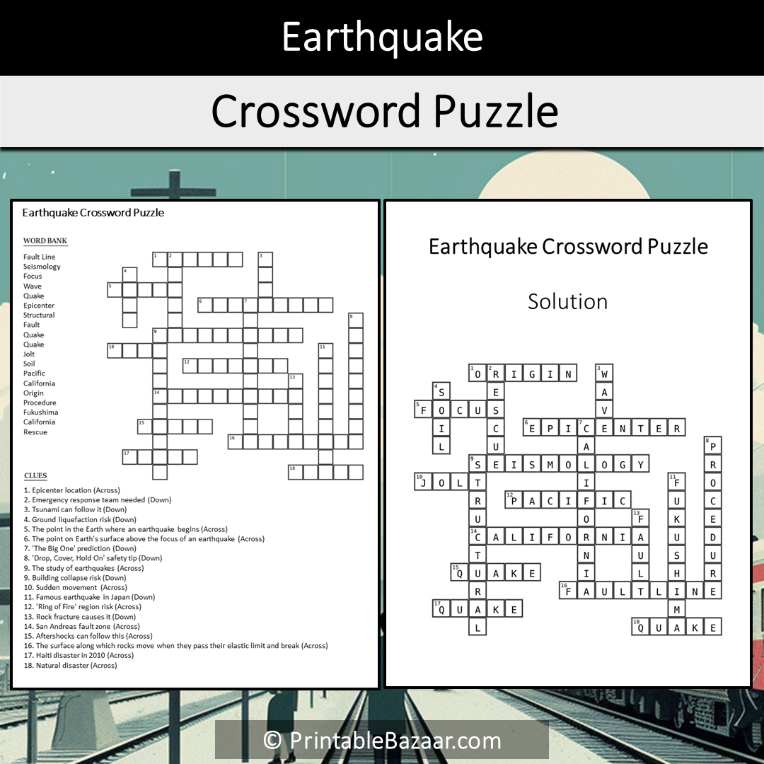 Earthquake Crossword Puzzle Worksheet Activity Printable PDF