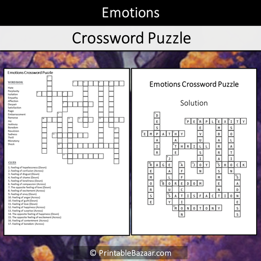 Emotions Crossword Puzzle Worksheet Activity Printable PDF