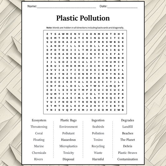 Plastic Pollution Word Search Puzzle Worksheet Activity PDF