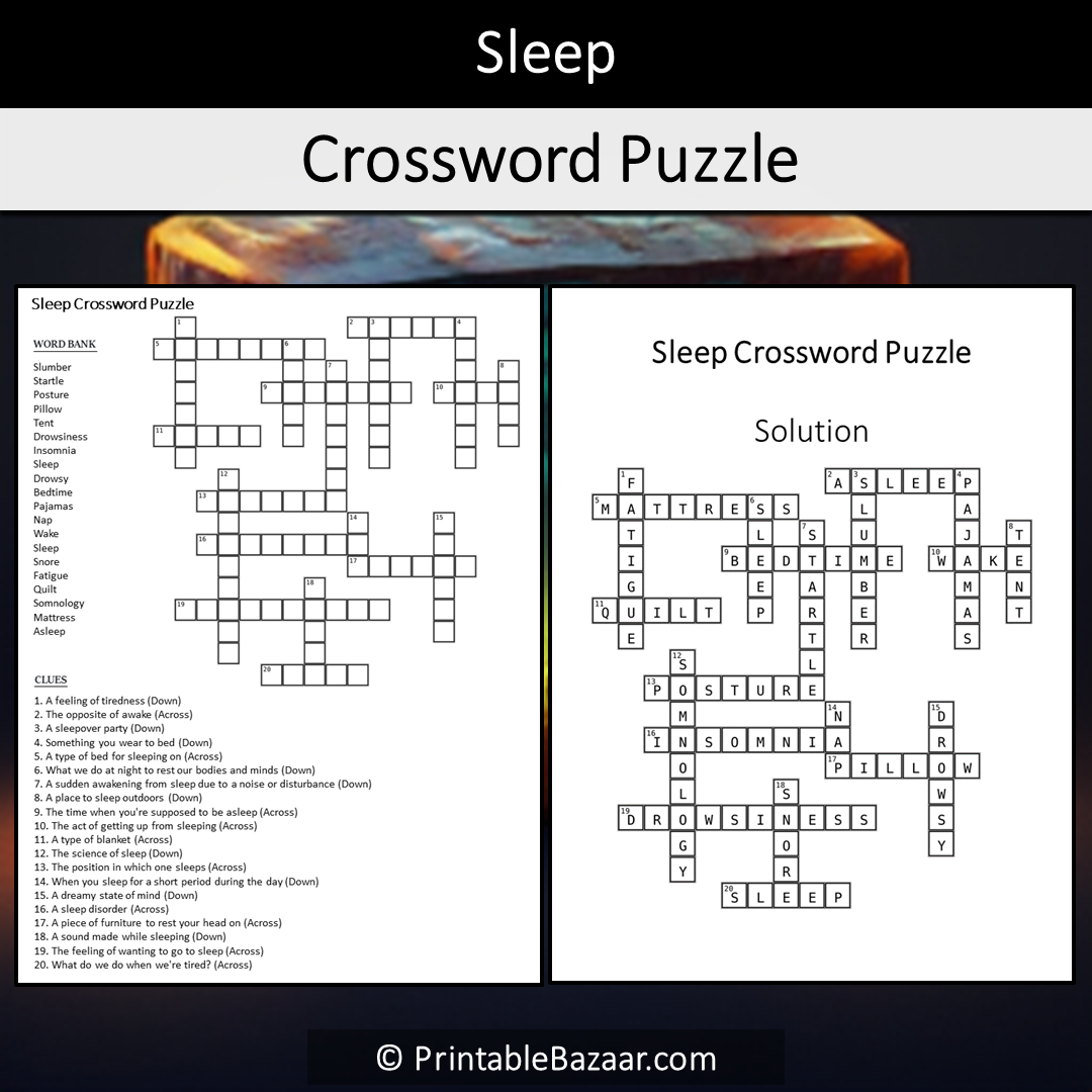 Sleep Crossword Puzzle Worksheet Activity Printable PDF