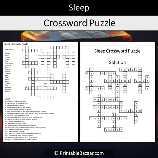 Sleep Crossword Puzzle Worksheet Activity Printable PDF