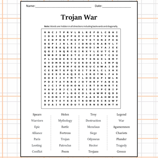 Trojan War Word Search Puzzle Worksheet Activity PDF