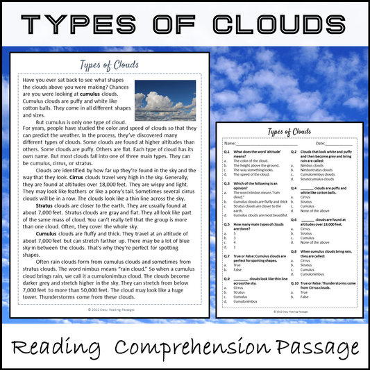 Types Of Clouds Reading Comprehension Passage and Questions | Printable PDF