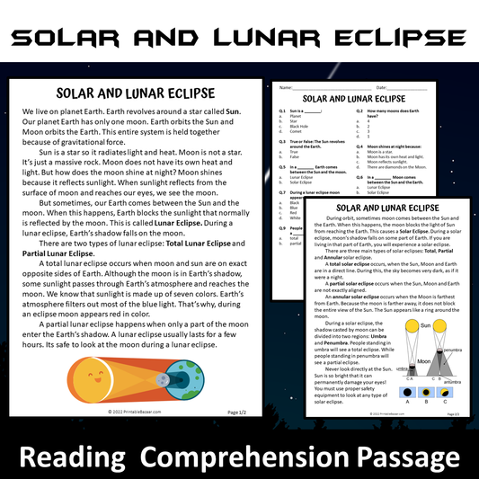 Solar And Lunar Eclipse Reading Comprehension Passage and Questions | Printable PDF