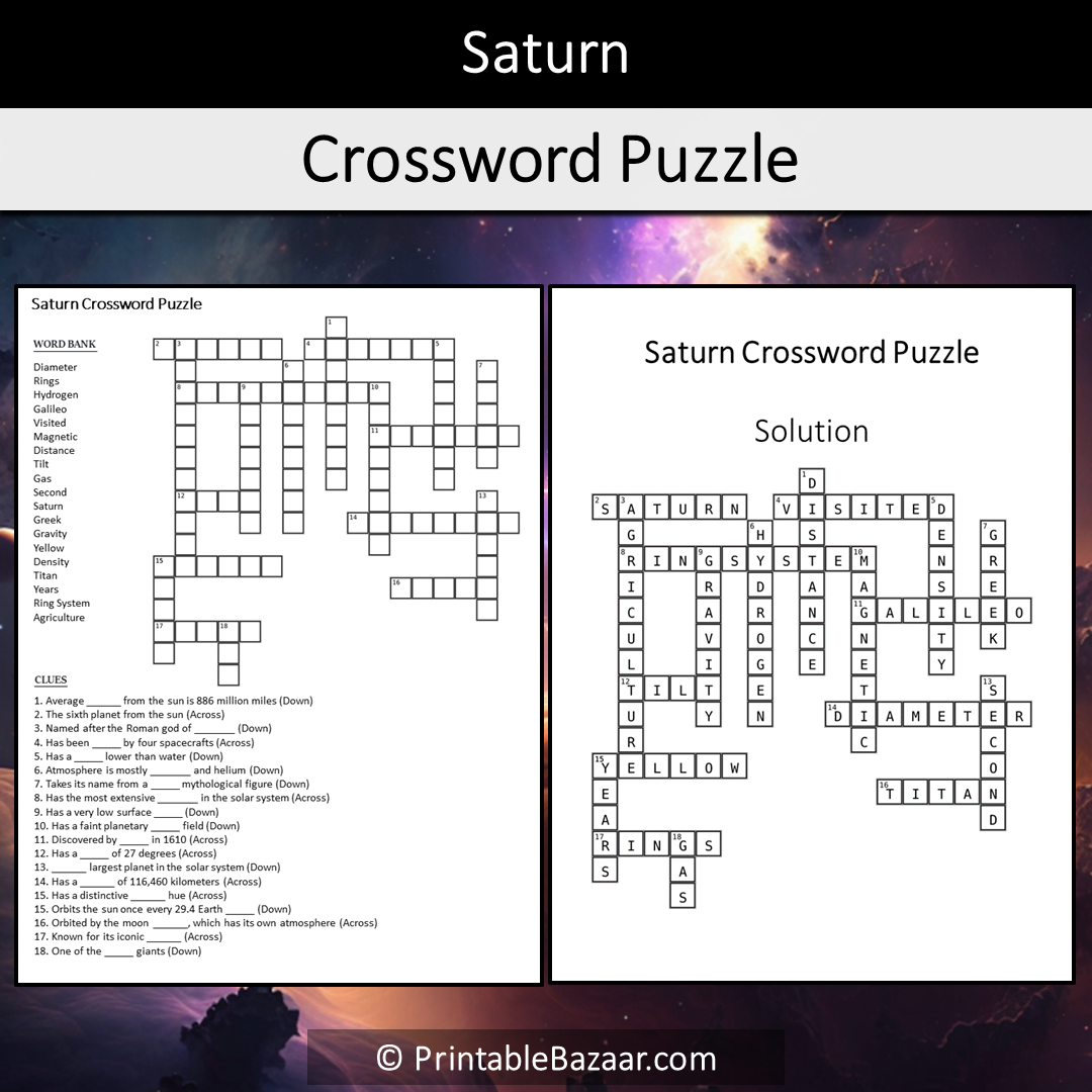 Saturn Crossword Puzzle Worksheet Activity Printable PDF