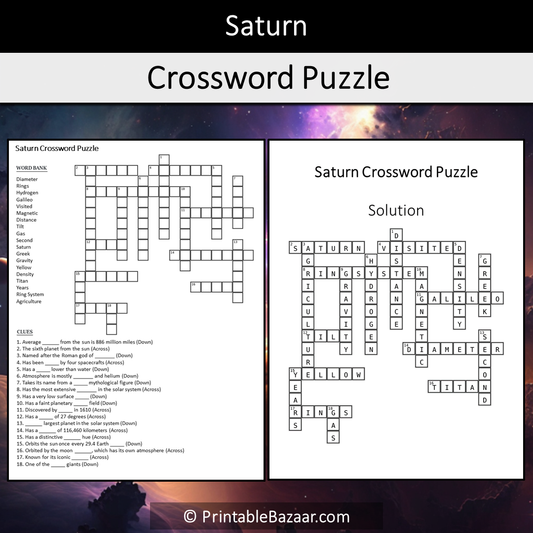 Saturn Crossword Puzzle Worksheet Activity Printable PDF