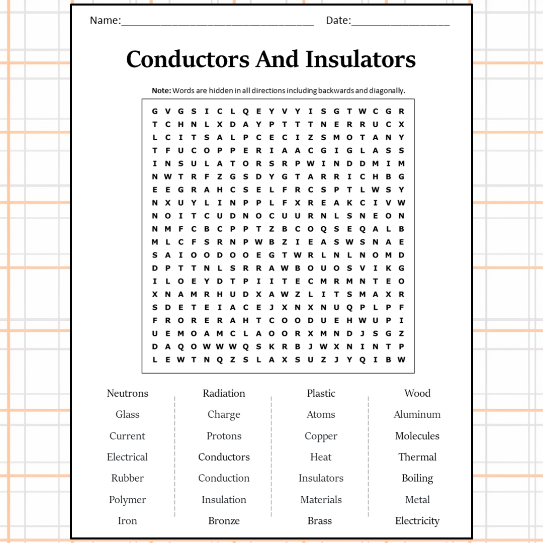 Conductors And Insulators Word Search Puzzle Worksheet Activity PDF