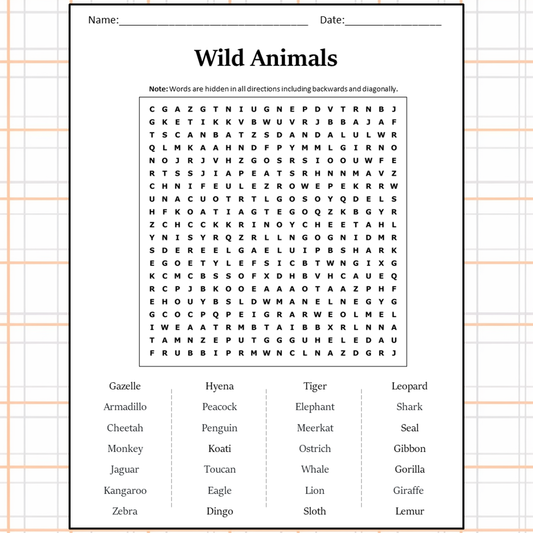 Wild Animals Word Search Puzzle Worksheet Activity PDF