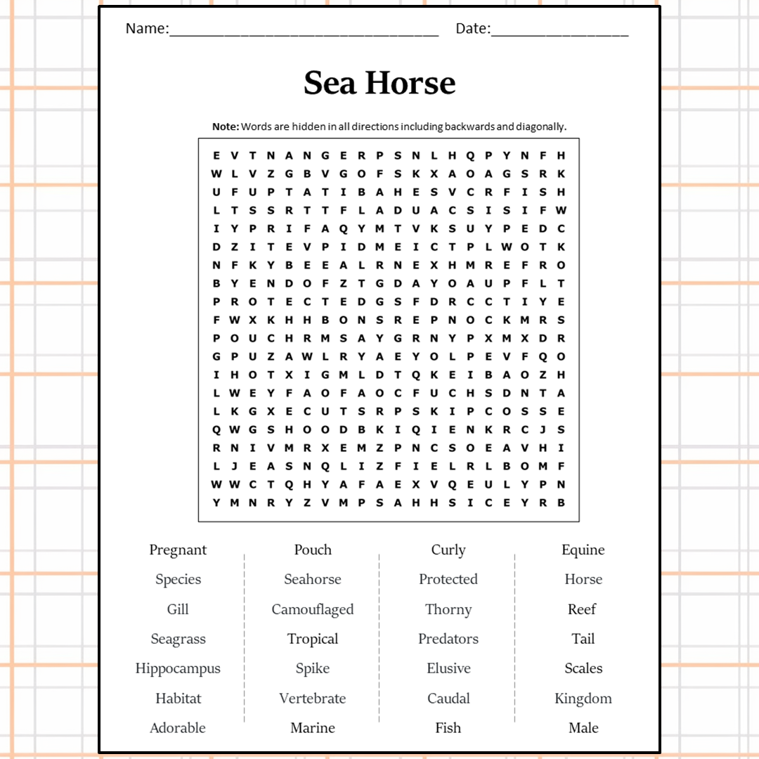 Sea Horse Word Search Puzzle Worksheet Activity PDF