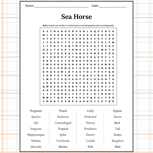 Sea Horse Word Search Puzzle Worksheet Activity PDF