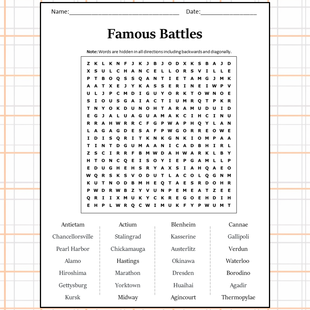 Famous Battles Word Search Puzzle Worksheet Activity PDF – PrintableBazaar