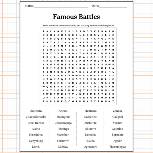 Famous Battles Word Search Puzzle Worksheet Activity PDF