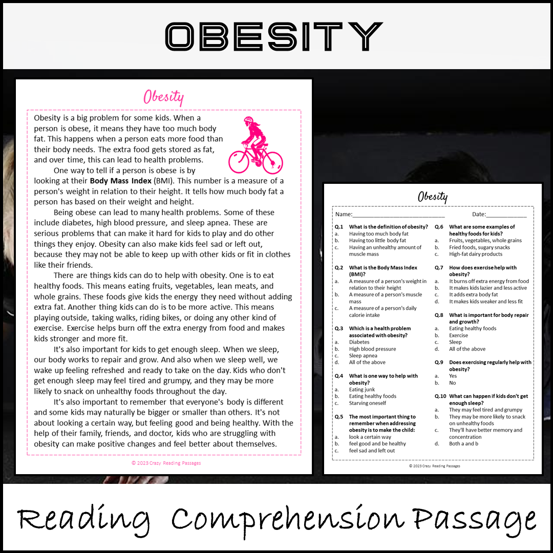 Obesity Reading Comprehension Passage and Questions | Printable PDF