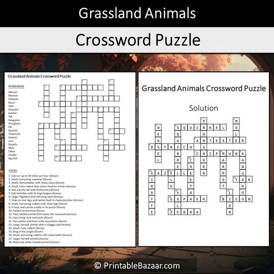 Grassland Animals Crossword Puzzle Worksheet Activity Printable PDF