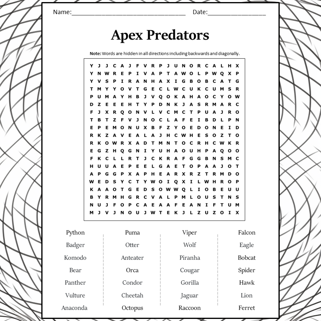 Apex Predators Word Search Puzzle Worksheet Activity PDF