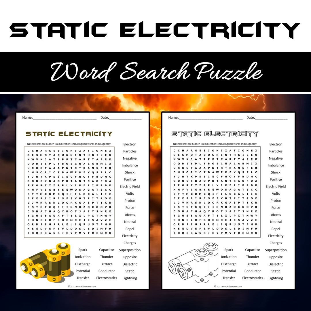 Static Electricity Word Search Puzzle Worksheet PDF