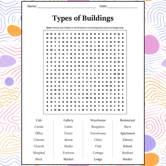 Types Of Buildings Word Search Puzzle Worksheet Activity PDF