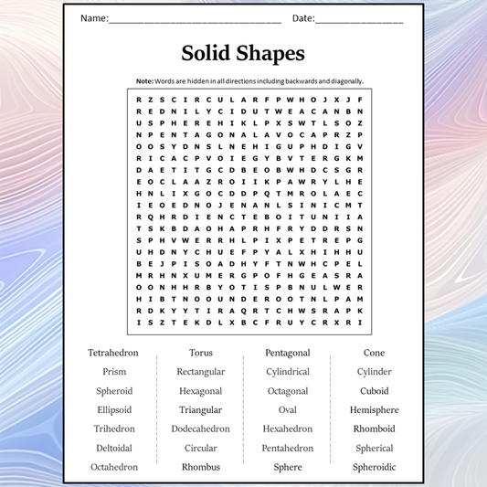 Solid Shapes Word Search Puzzle Worksheet Activity PDF