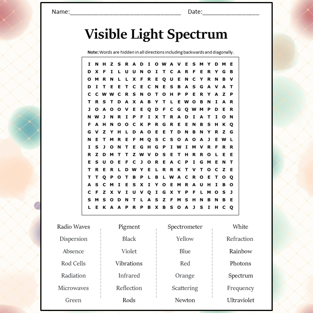 Visible Light Spectrum Word Search Puzzle Worksheet Activity PDF