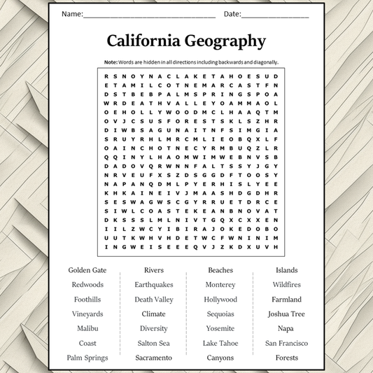 California Geography Word Search Puzzle Worksheet Activity PDF