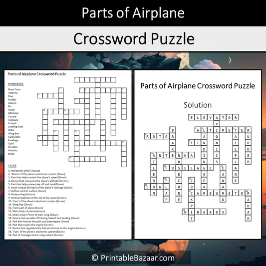 Parts Of Airplane Crossword Puzzle Worksheet Activity Printable PDF