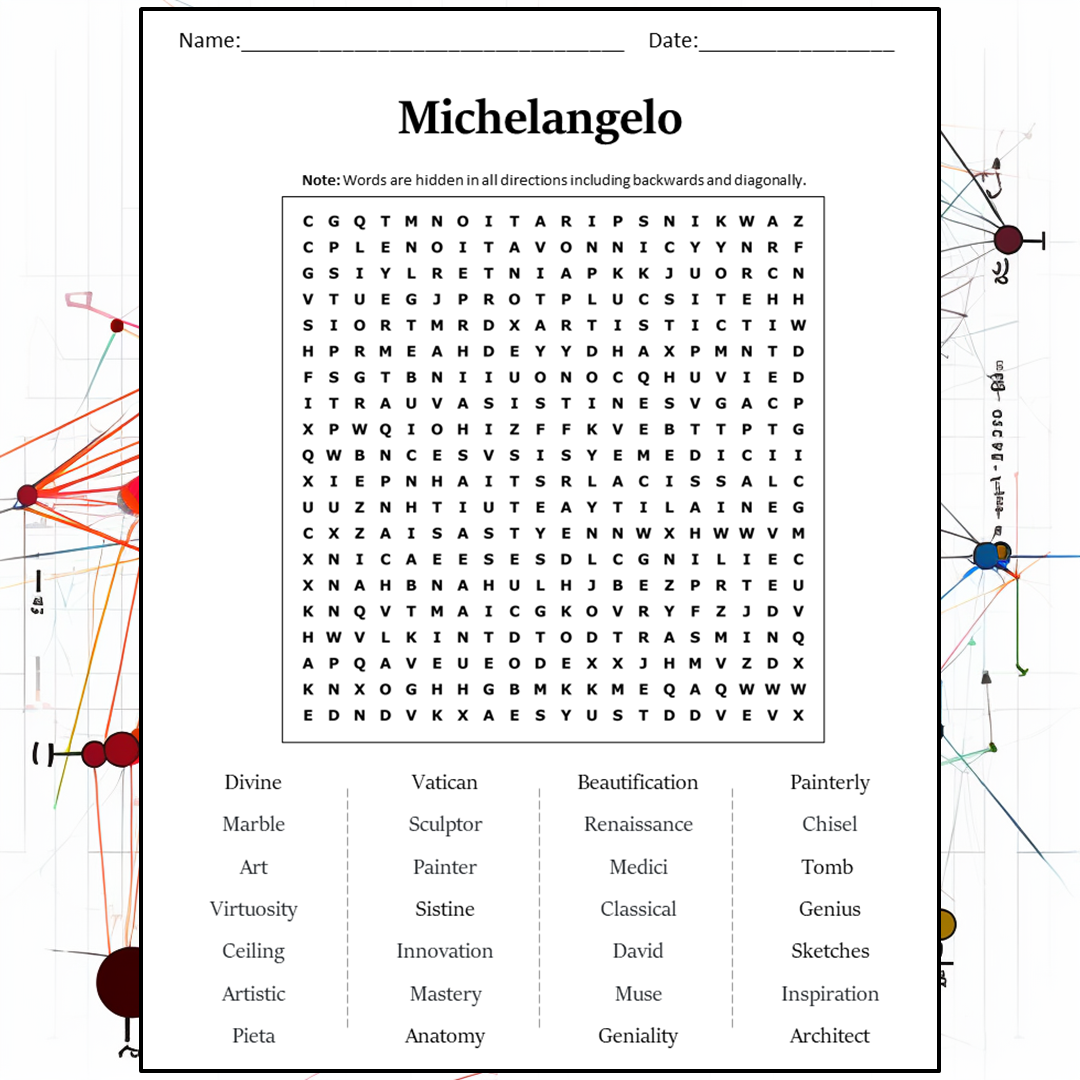 Michelangelo Word Search Puzzle Worksheet Activity PDF