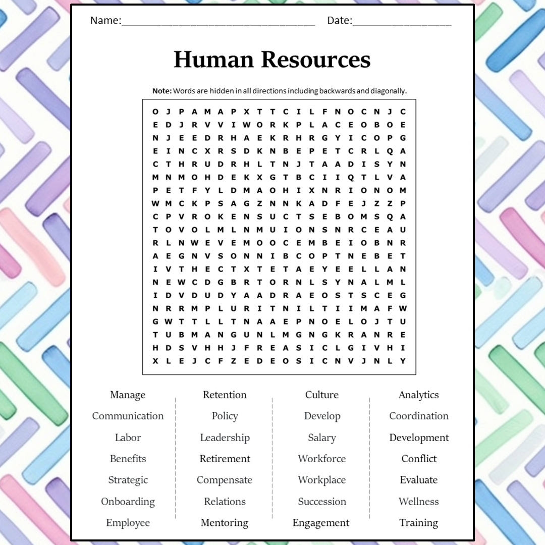 Human Resources Word Search Puzzle Worksheet Activity PDF