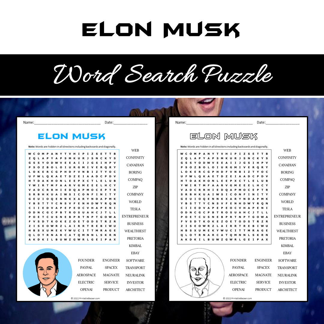 Elon Musk Word Search Puzzle Worksheet PDF