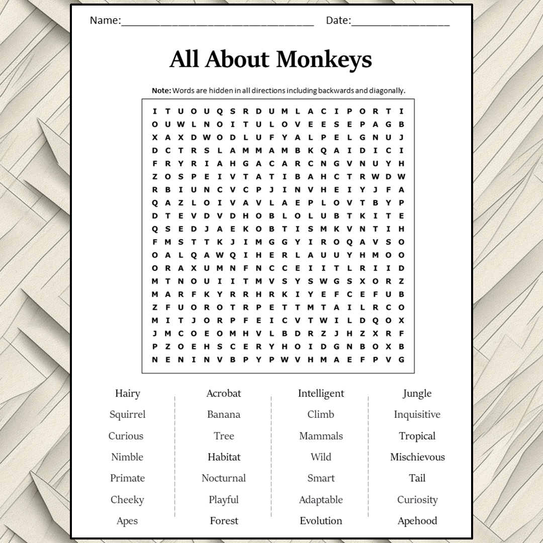 All About Monkeys Word Search Puzzle Worksheet Activity PDF