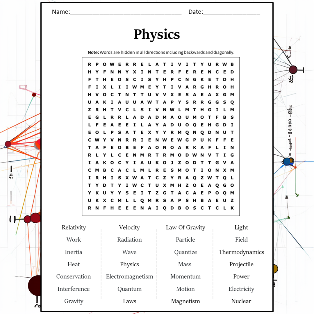 Physics Word Search Puzzle Worksheet Activity PDF