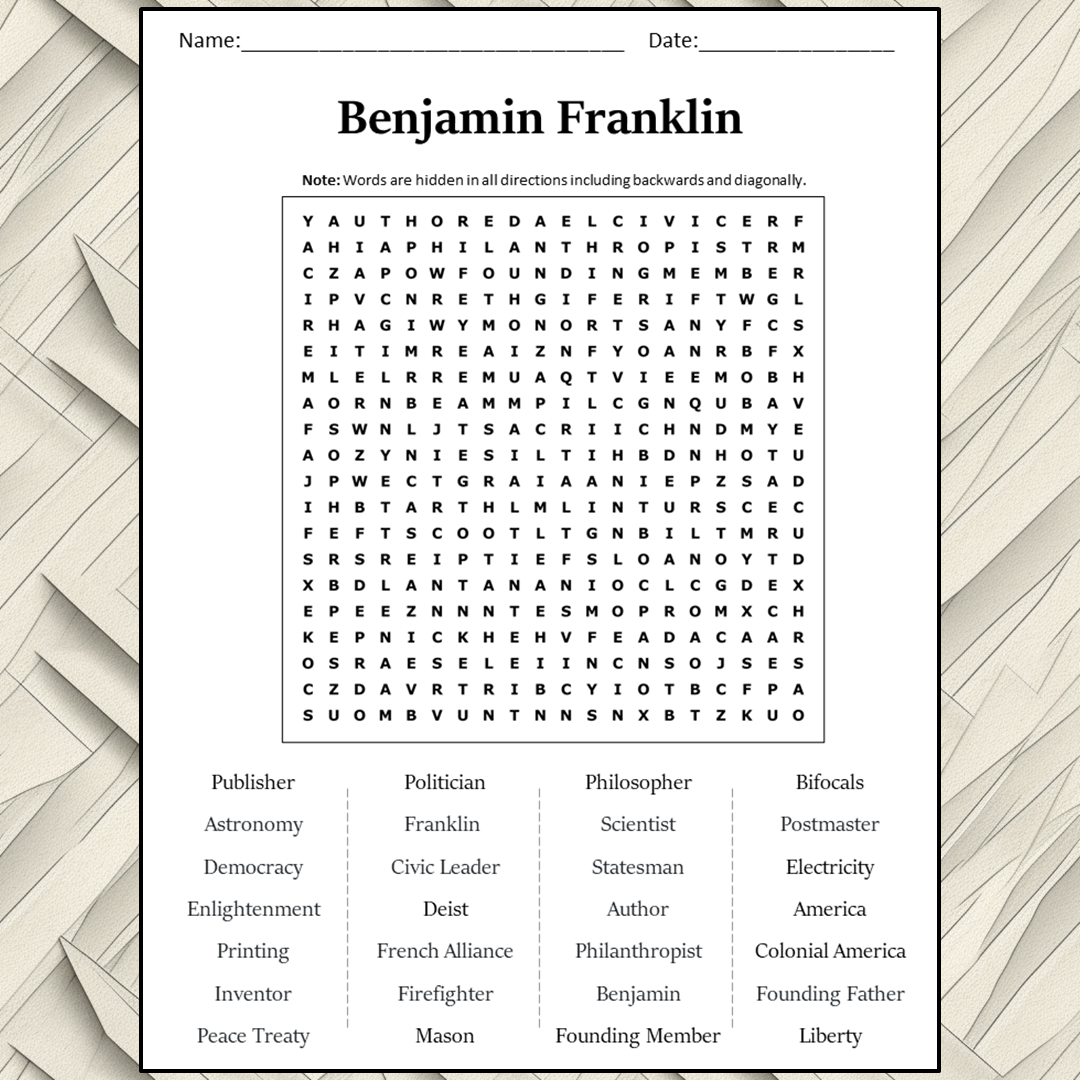 Benjamin Franklin Word Search Puzzle Worksheet Activity PDF