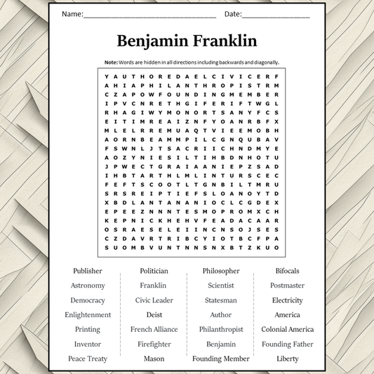 Benjamin Franklin Word Search Puzzle Worksheet Activity PDF