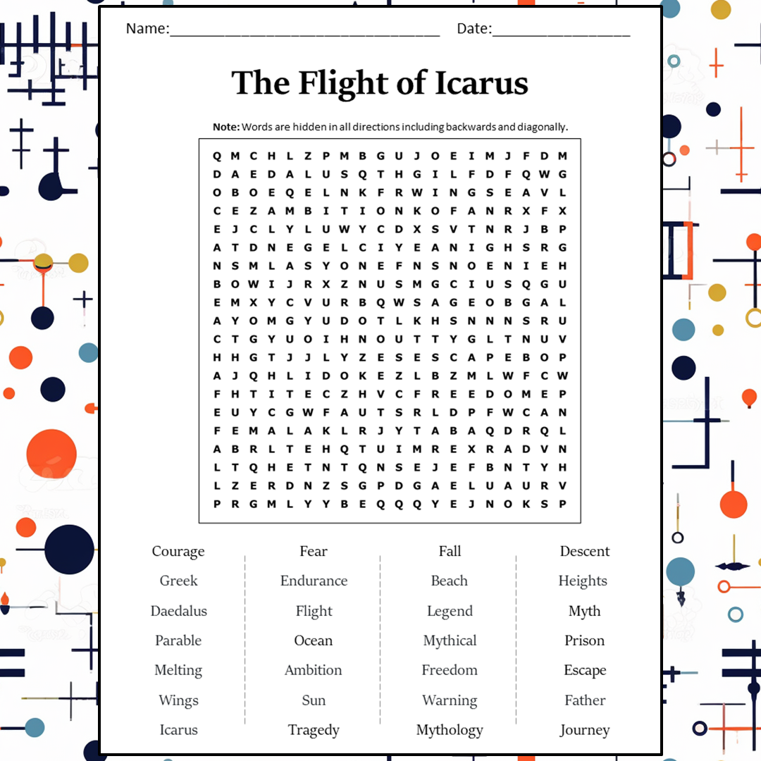 The Flight Of Icarus Word Search Puzzle Worksheet Activity PDF